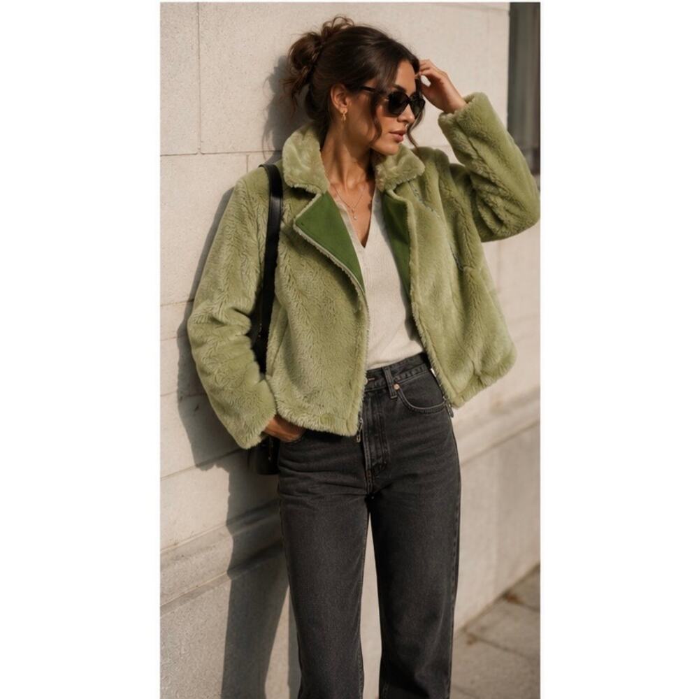 Sage Green Teddy Faux Fur Moto Jacket NWT French Designer Paul & Joe Sister US4 - Picture 6 of 10